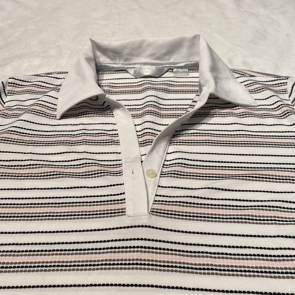 Callaway Women’s Small Short Sleeve Golf Polo • White w Black Pink Stripes
